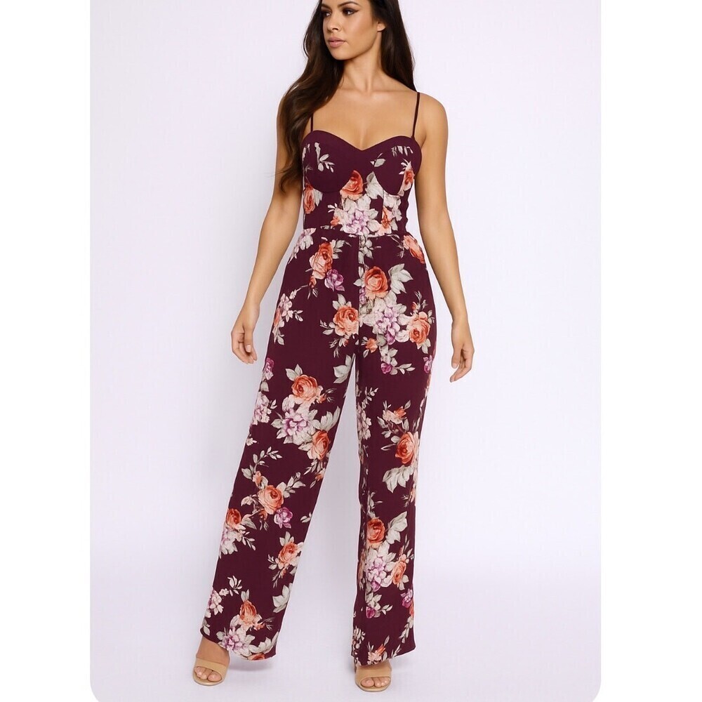 BOG Band of Gypsies - Burgundy Floral Romper POCKETS corset top wide leg SZ M
